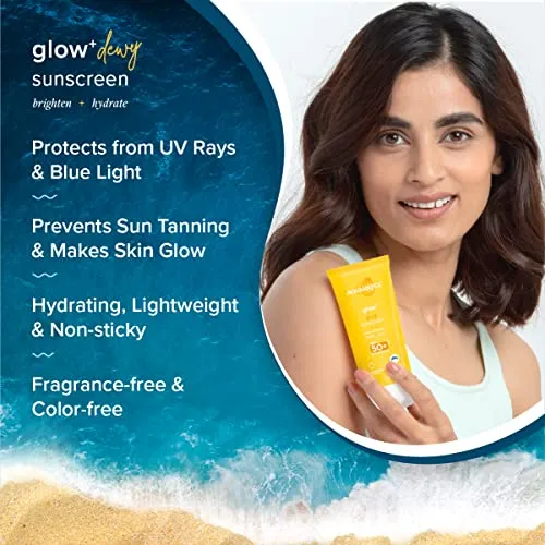 Aqualogica Glow  Dewy Lightweight & Hydrating Sunscreen with SPF 50  & PA     for UVA/B & Blue Light Protection & No White Cast for Men & Women -Oily, Combination & Glowing Skin -80g