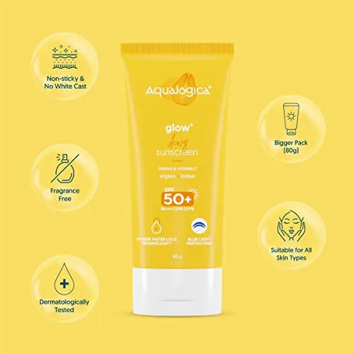 Aqualogica Glow  Dewy Lightweight & Hydrating Sunscreen with SPF 50  & PA     for UVA/B & Blue Light Protection & No White Cast for Men & Women -Oily, Combination & Glowing Skin -80g