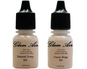 Glam Air Airbrush Makeup Foundations Set Two  M2 Natural Ivory and M4 Classic Beige for Flawless Looking Skin Matte Finish For Normal to Oily Skin (Water Based)0.25oz Bottles