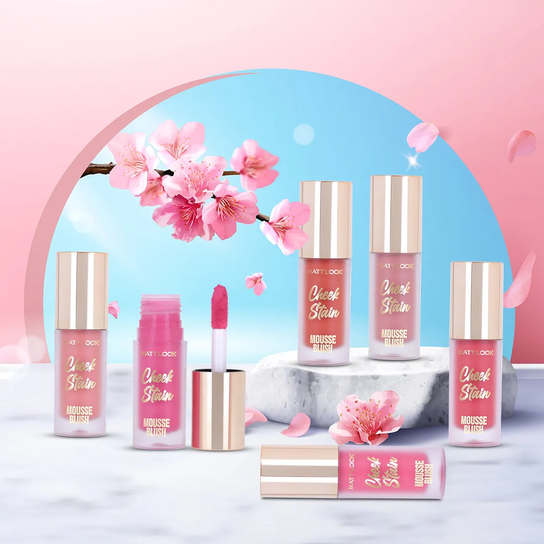 Mattlook Cheek Stain Mousse Blush, Infused with Hyaluronic acid  and Vitamin E, Long lasting formula, Natural Radiant finish