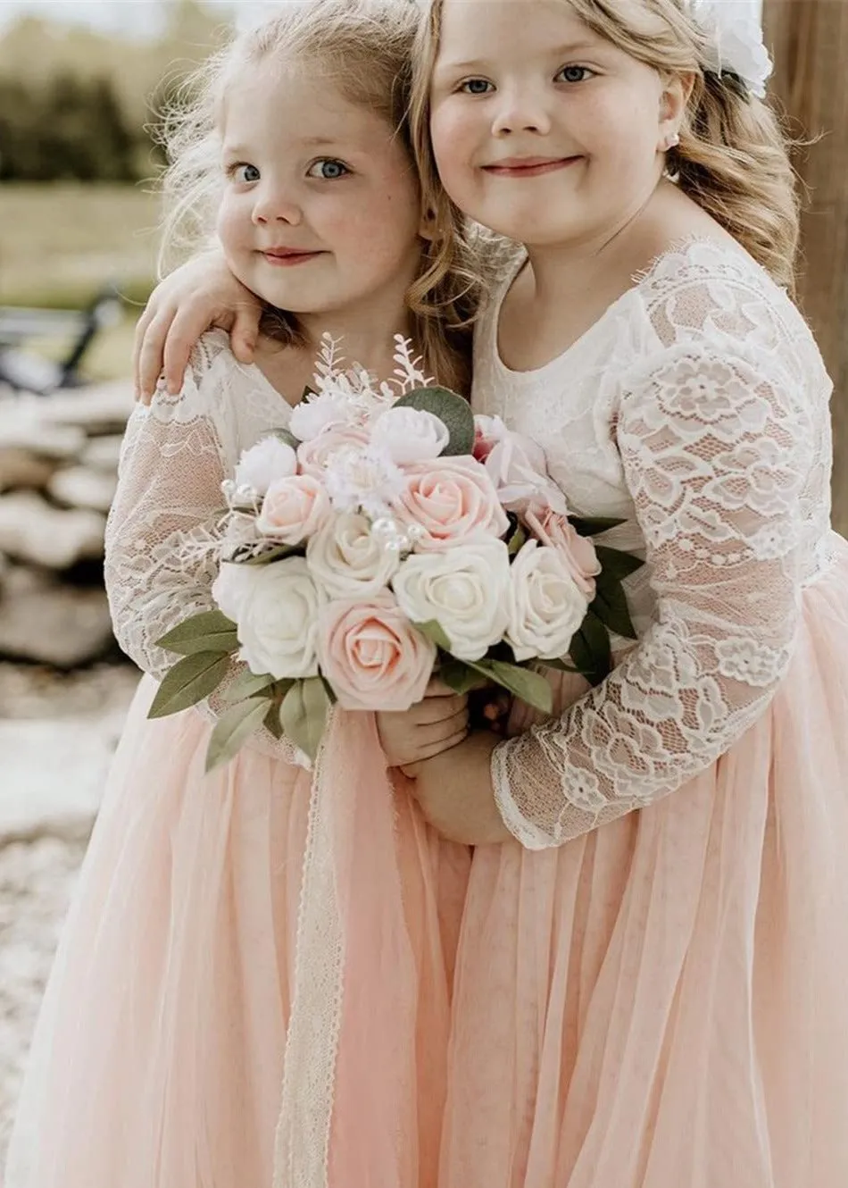 Rose Lace Flower Girl Dress in Blush Pink