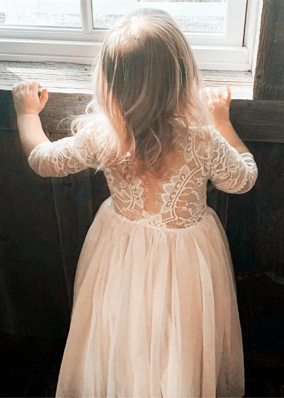 Rose Lace Flower Girl Dress in Blush Pink